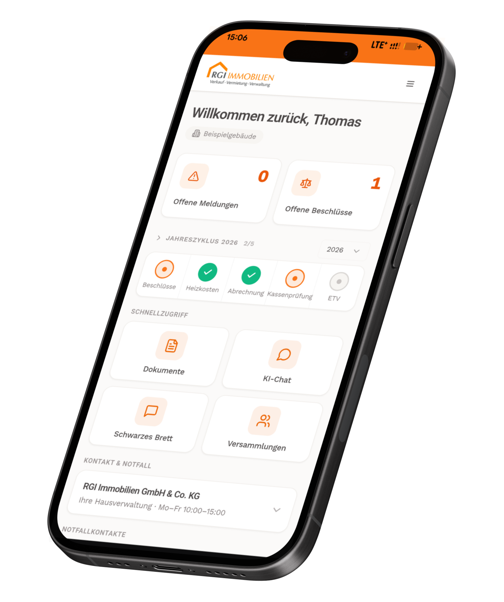 RGI Immobilien Verwaltungs-App auf dem Smartphone – Meldungen, Beschlüsse, Jahreszyklus, Dokumente, KI-Chat und Schwarzes Brett
