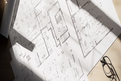 Baupläne und Brille auf Holzschreibtisch – Symbolbild für Unterlagen beim Immobilienverkauf im Allgäu