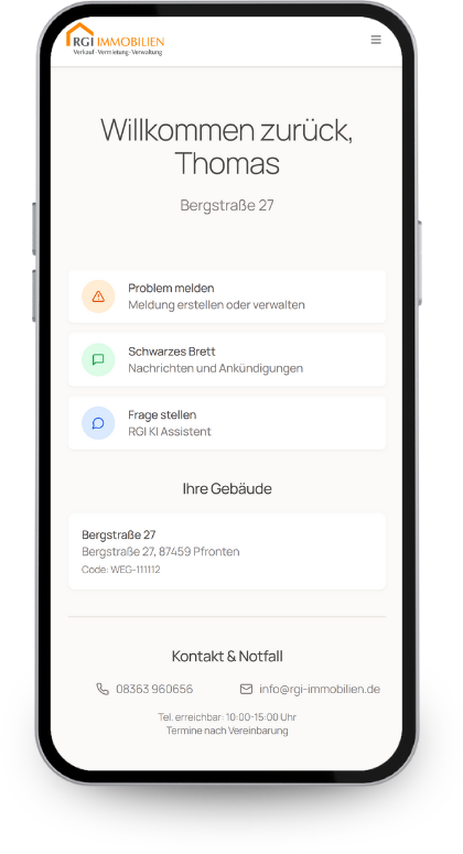 Mobile Verwaltung - RGI Immobilien App Interface mit Willkommen zurück Thomas, Problem melden, Schwarzes Brett und KI-Assistent Funktionen